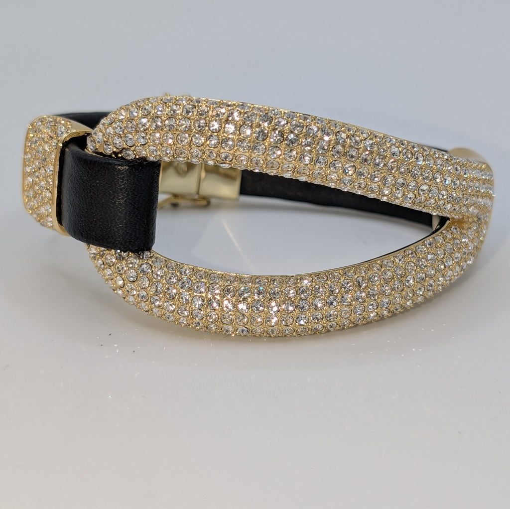 Joan Boyce Edgy Diva Pave Rhinestone Black Leather Bracelet